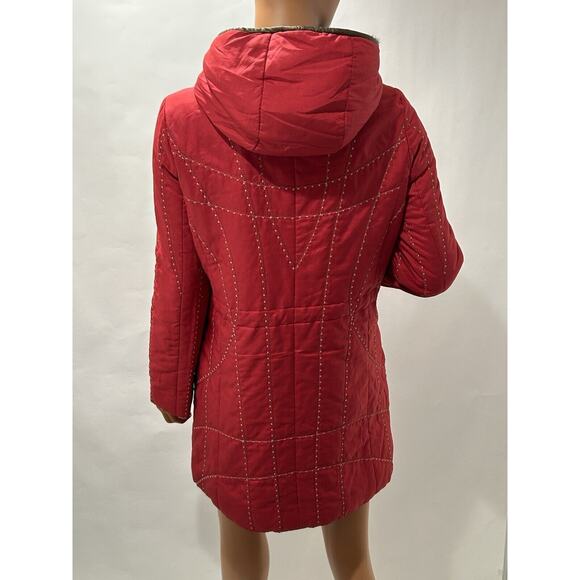 Leega Jacket Coat Red Embroiders Mink And Rabbit Fur Linen Medium Hooded - Picture 4 of 16
